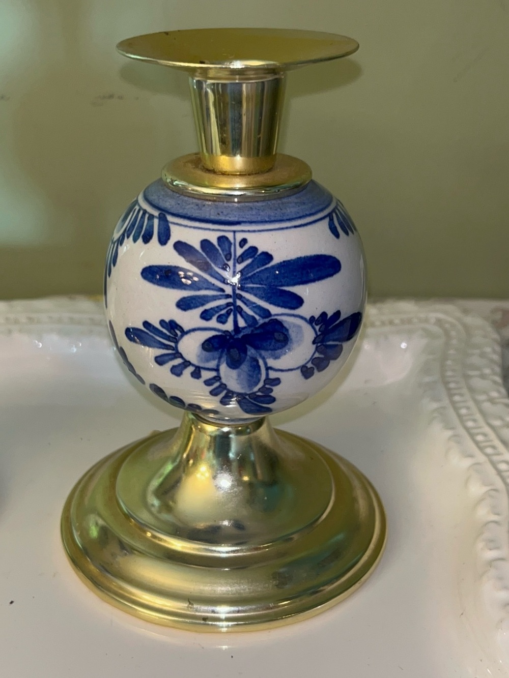 Brass and Blue Floral Globe Candle Holders - Set of 2 - Picture 2 of 11